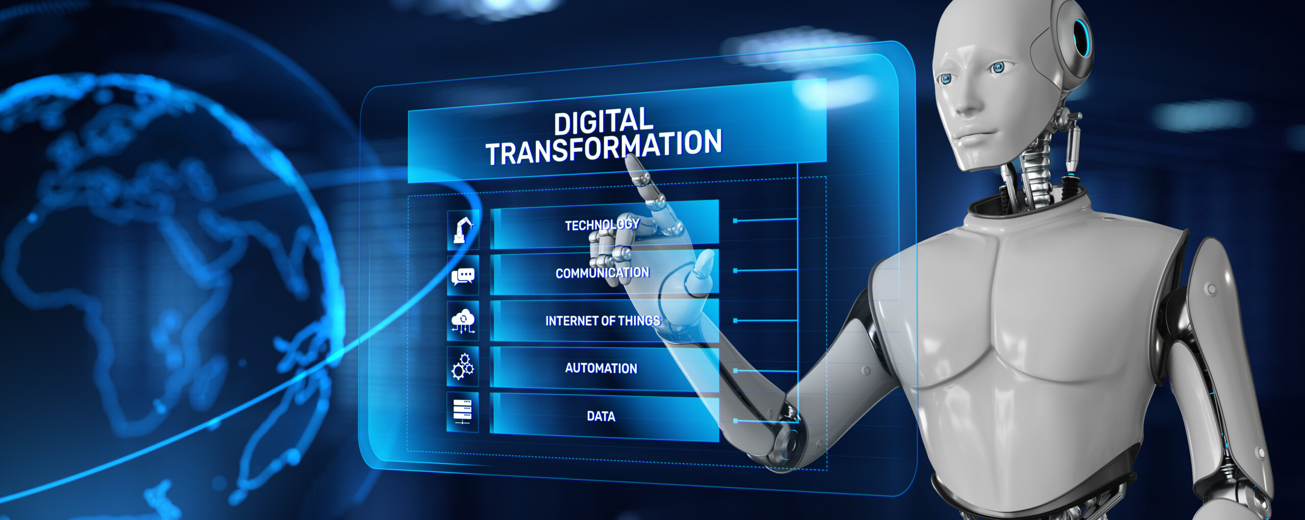 Digital transformation disruption digitalisation technology concept. Robot pressing button on screen 3d render.