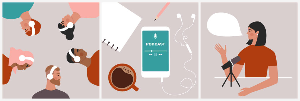 Podcast concept. Set of illustrations about podcasting. People listening to audio in headphones, podcast app on smartphone, podcaster speaking in microphone.