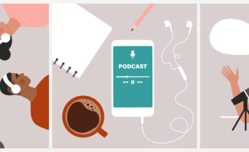 Podcast concept. Set of illustrations about podcasting. People listening to audio in headphones, podcast app on smartphone, podcaster speaking in microphone.